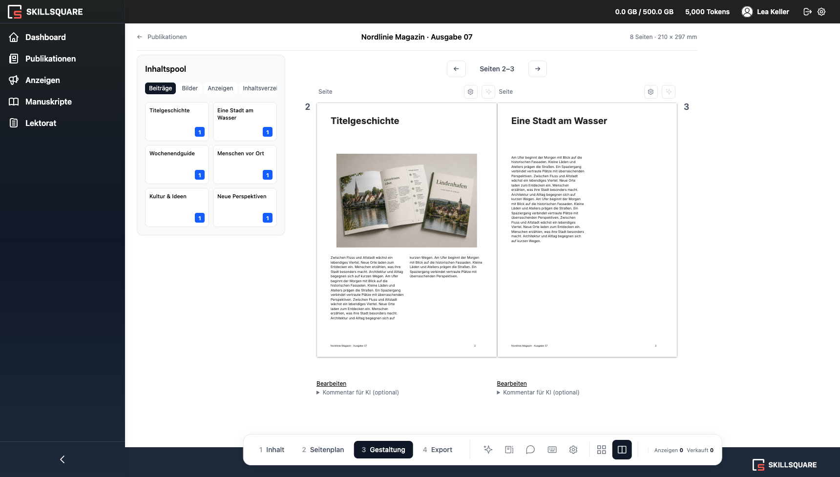Press-Studio-Publikationsdesigner mit gestalteten Beispielseiten und Inhaltspool