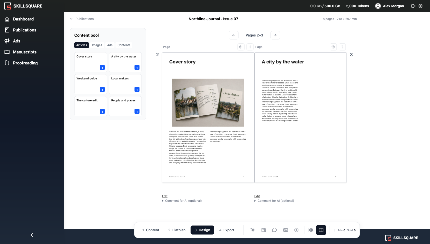 Press Studio Publication Designer with sample composed pages and the content pool
