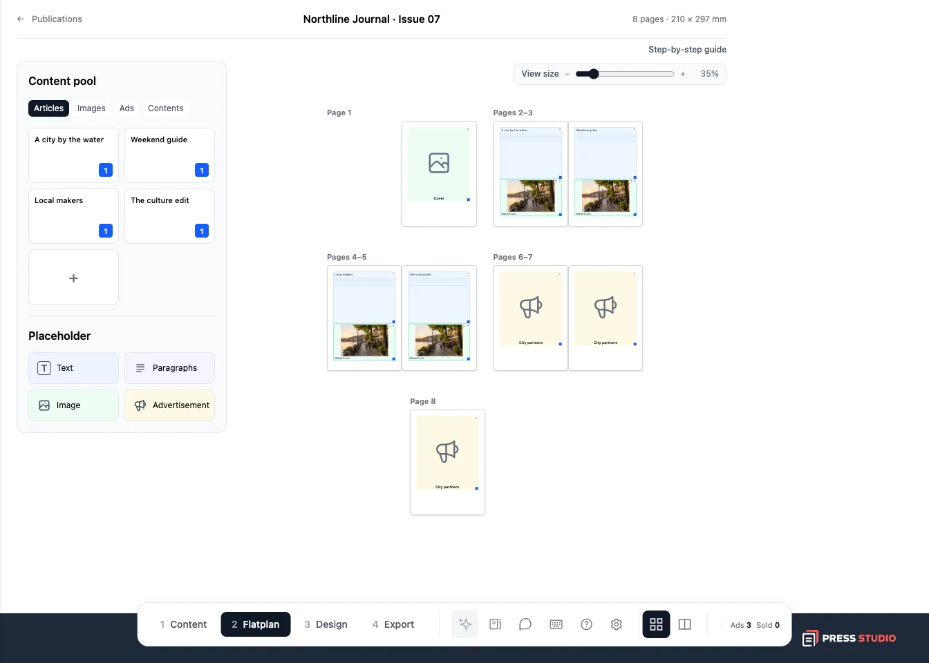 An eight-page sample publication with articles, images, and ads arranged in the Flatplan tab.